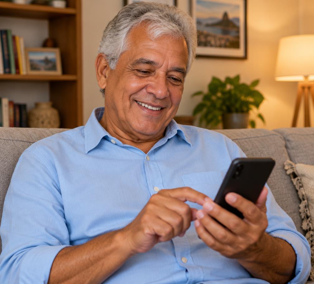 Senhor sorrindo usando o celular